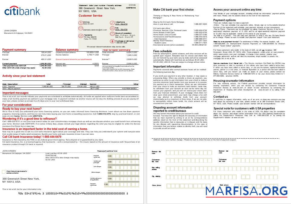 Realistic USA Citi bank mortgage statement in Word and PDF formats, 2 pages template